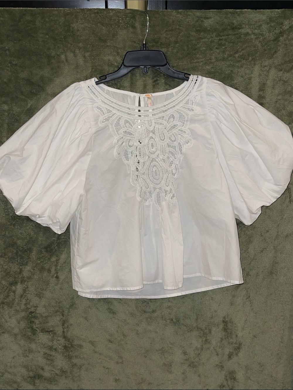 Free People Ivory Lace-Yoke Puff Sleeve Top